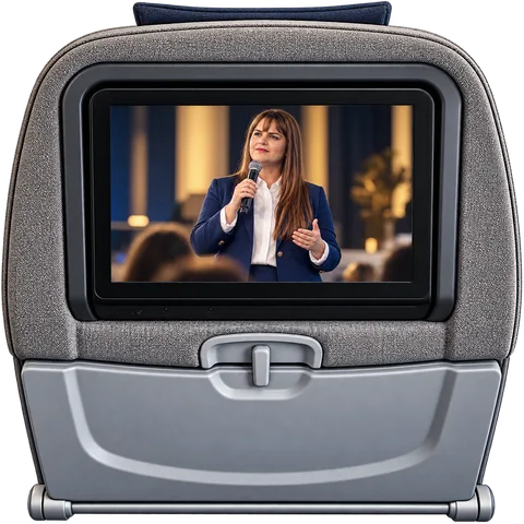 Tela de entretenimento de avião mostrando Ana Carla Moura falando ao microfone para uma plateia